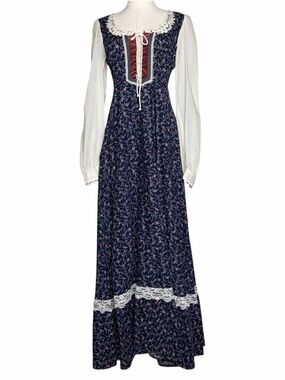 Vintage 70s Gunne Sax Prairie Maxi Dress Navy Floral Corset Lace Up Size 13